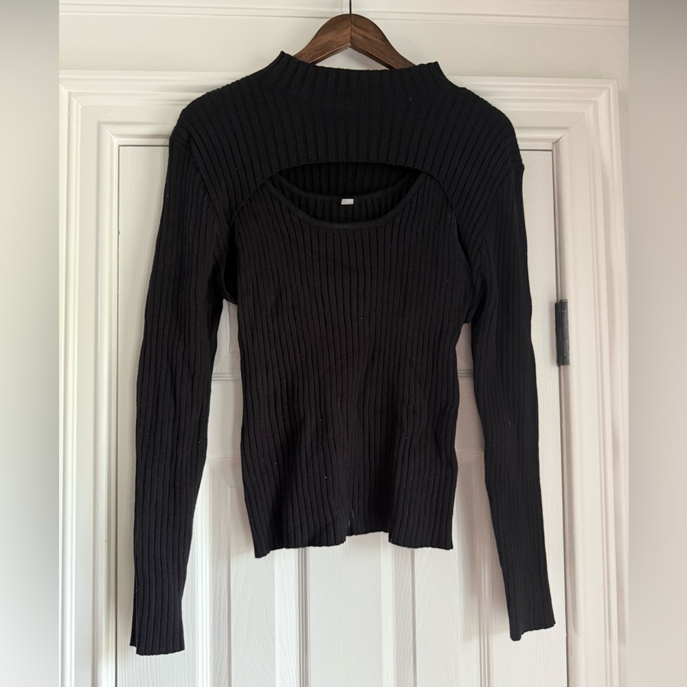 Two Piece Black Ribbed Cutout Sweater